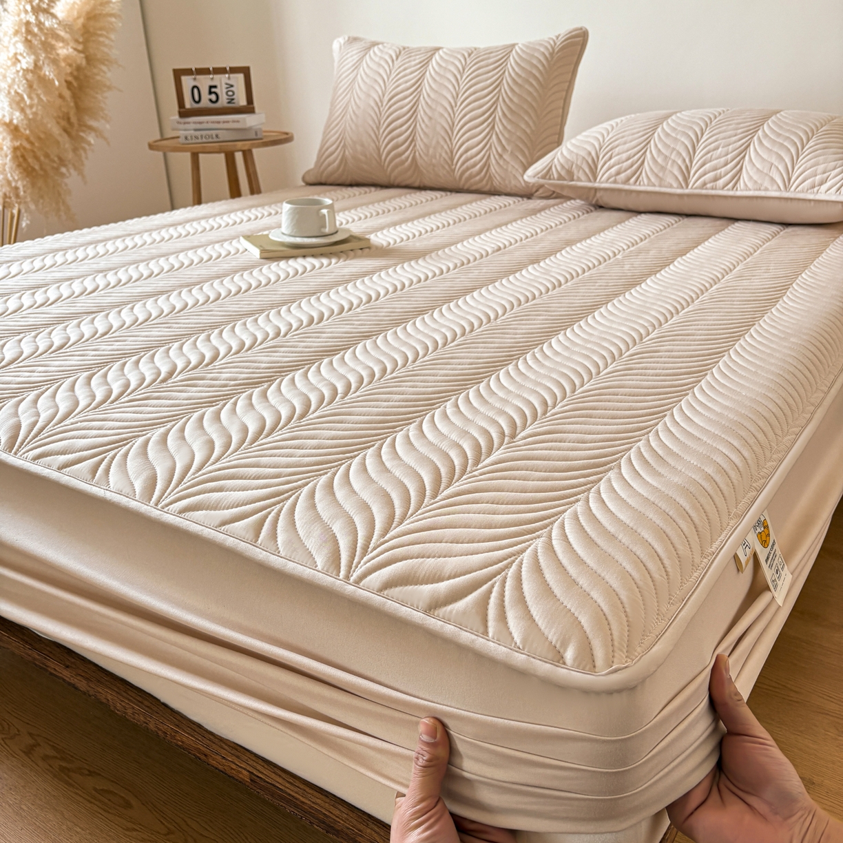 91家纺网 家纺一手货源 找家纺 居眠 2026新款叶链夹棉防水床笠 叶链-卡其