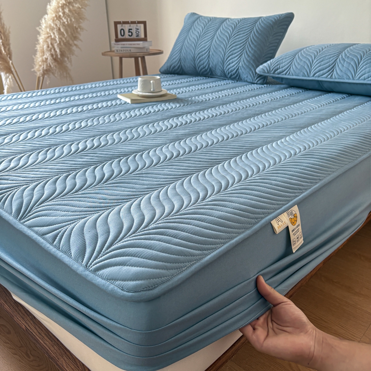 居眠 2026新款叶链夹棉防水床笠 叶链-雾蓝