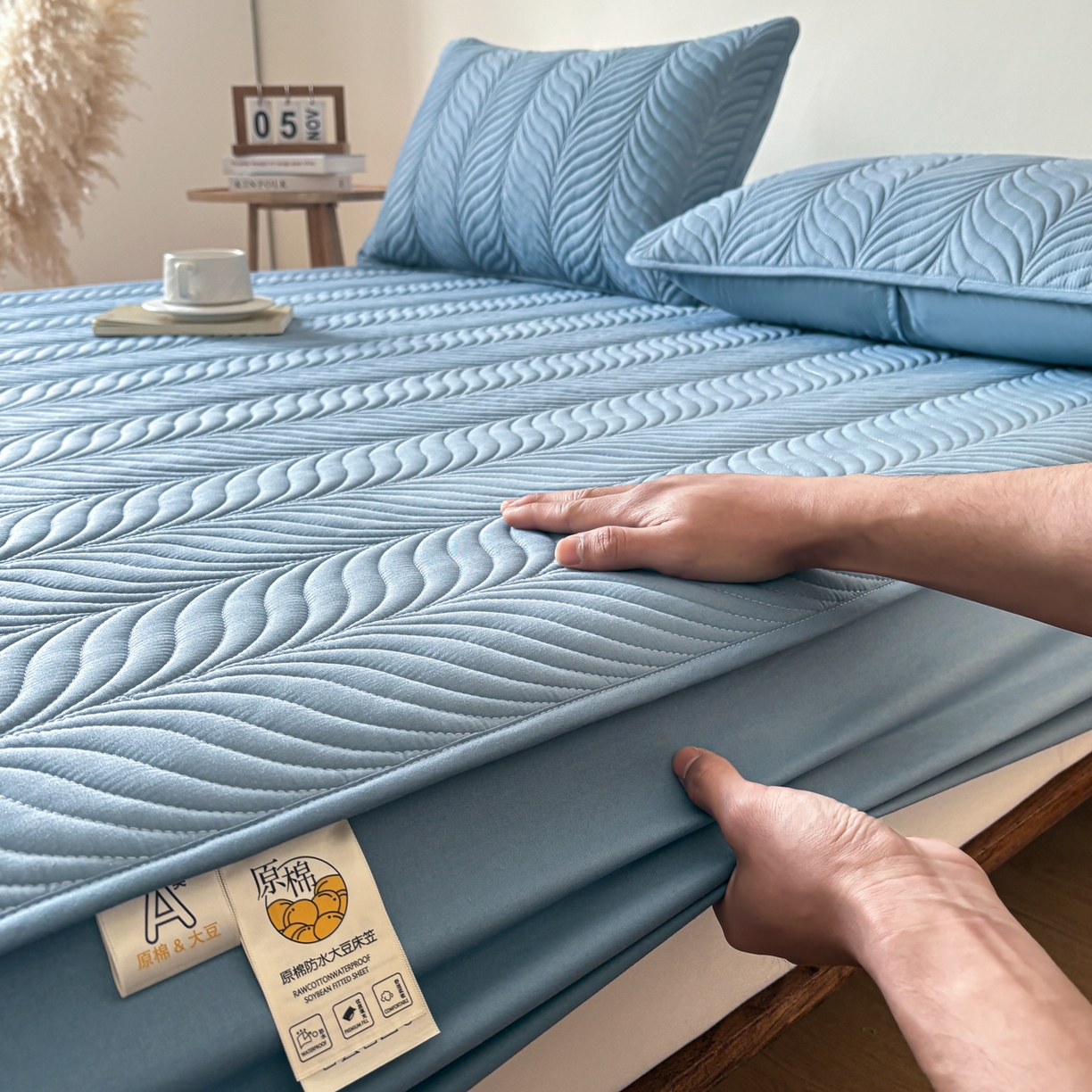 91家纺网 家纺一手货源 找家纺 居眠 2026新款叶链夹棉防水床笠 叶链-雾蓝
