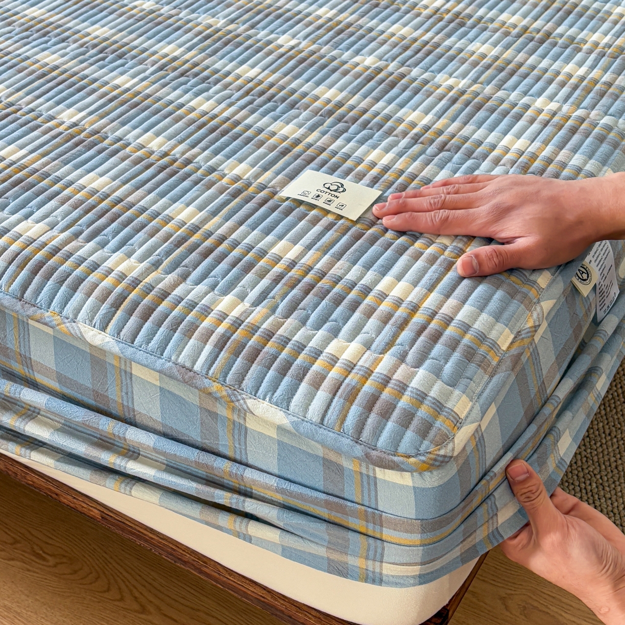 91家纺网 家纺一手货源 找家纺 （总）居眠 2026新款全棉色织水洗棉格子夹棉棉花床笠