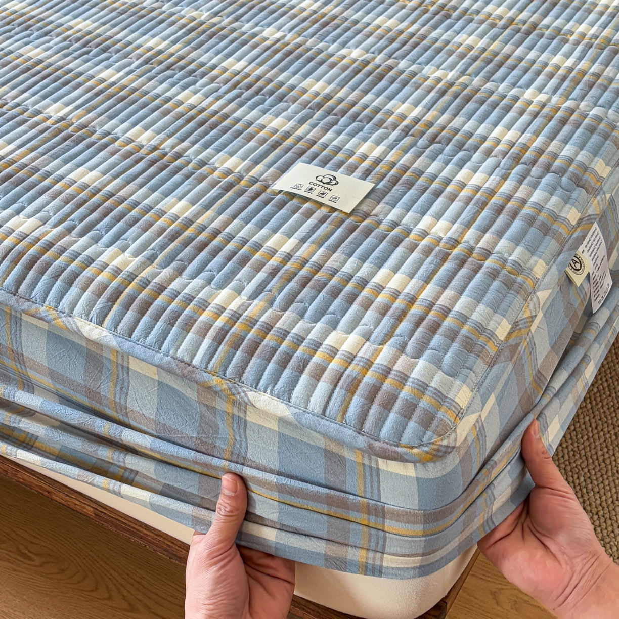 91家纺网 家纺一手货源 找家纺 （总）居眠 2026新款全棉色织水洗棉格子夹棉棉花床笠