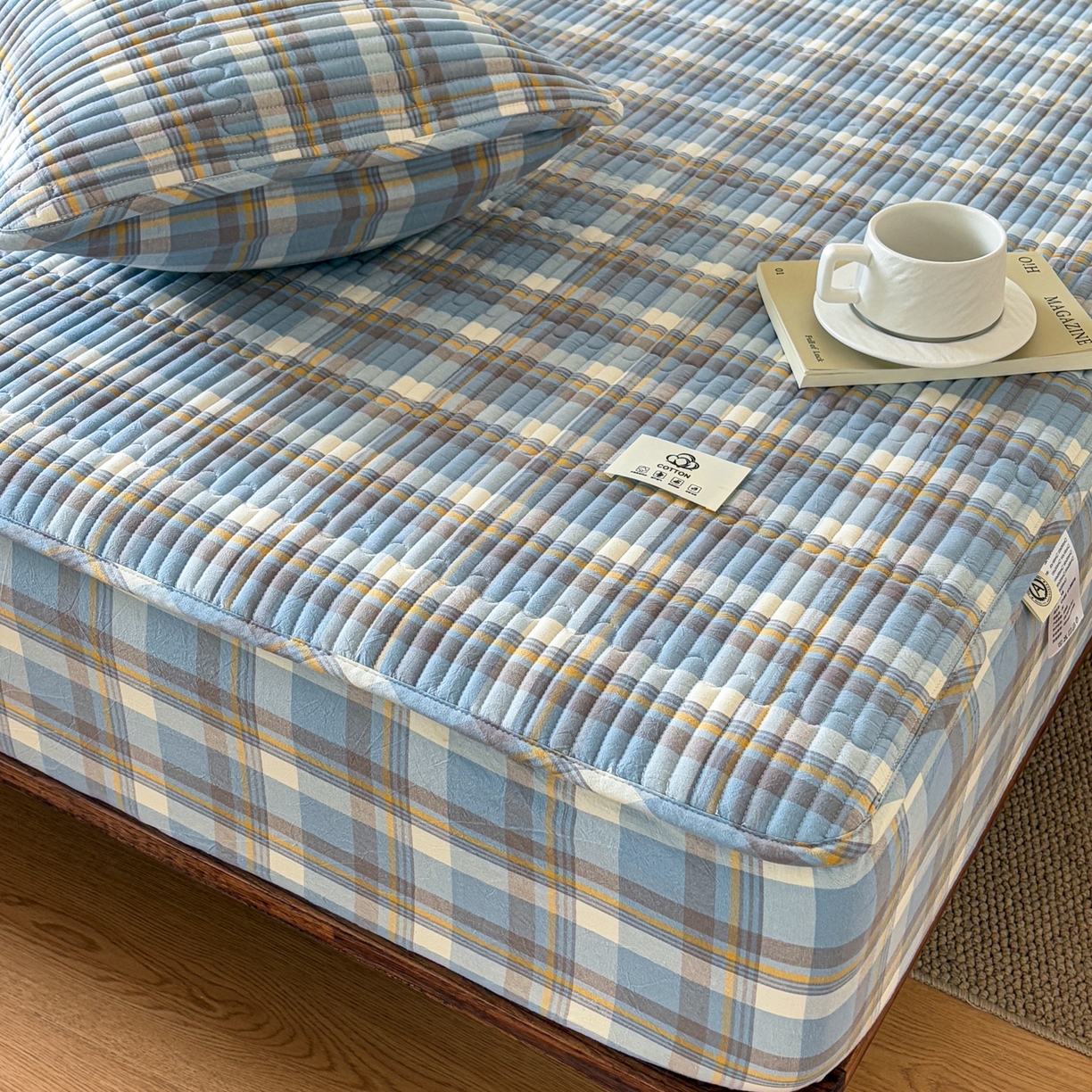 91家纺网 家纺一手货源 找家纺 居眠 2026新款全棉色织水洗棉格子夹棉棉花床笠 夹棉款-简兮兰