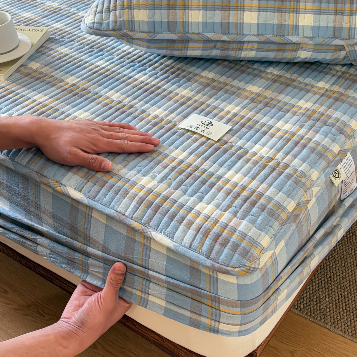 91家纺网 家纺一手货源 找家纺 居眠 2026新款全棉色织水洗棉格子夹棉棉花床笠 夹棉款-简兮兰