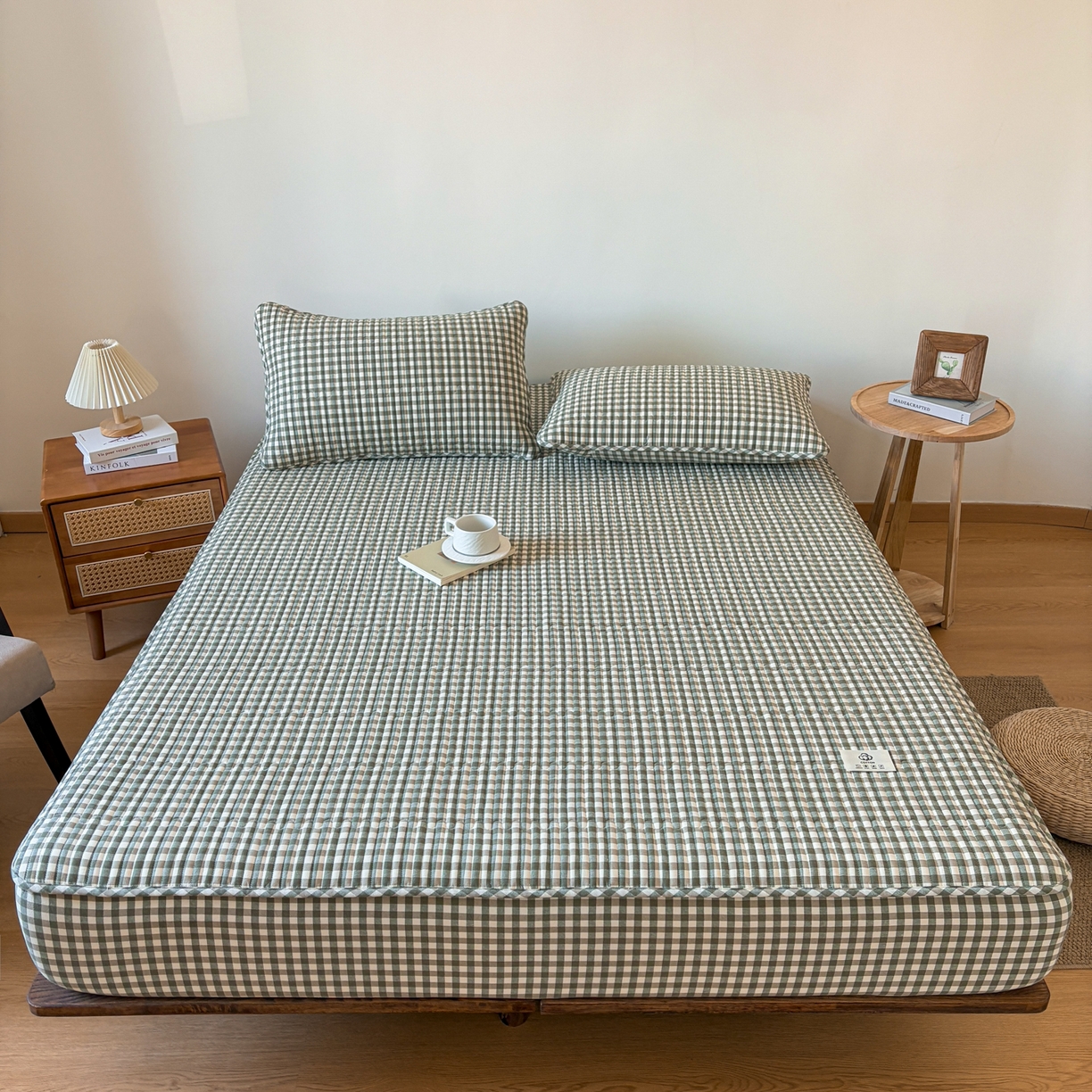 91家纺网 家纺一手货源 找家纺 居眠 2026新款全棉色织水洗棉格子夹棉棉花床笠 夹棉款-绿小格
