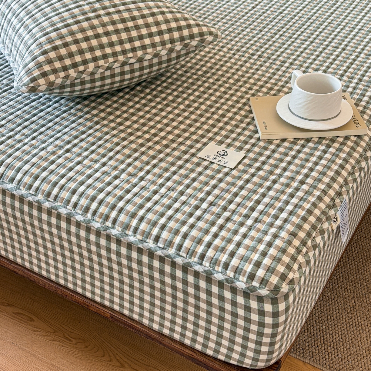 91家纺网 家纺一手货源 找家纺 居眠 2026新款全棉色织水洗棉格子夹棉棉花床笠 夹棉款-绿小格