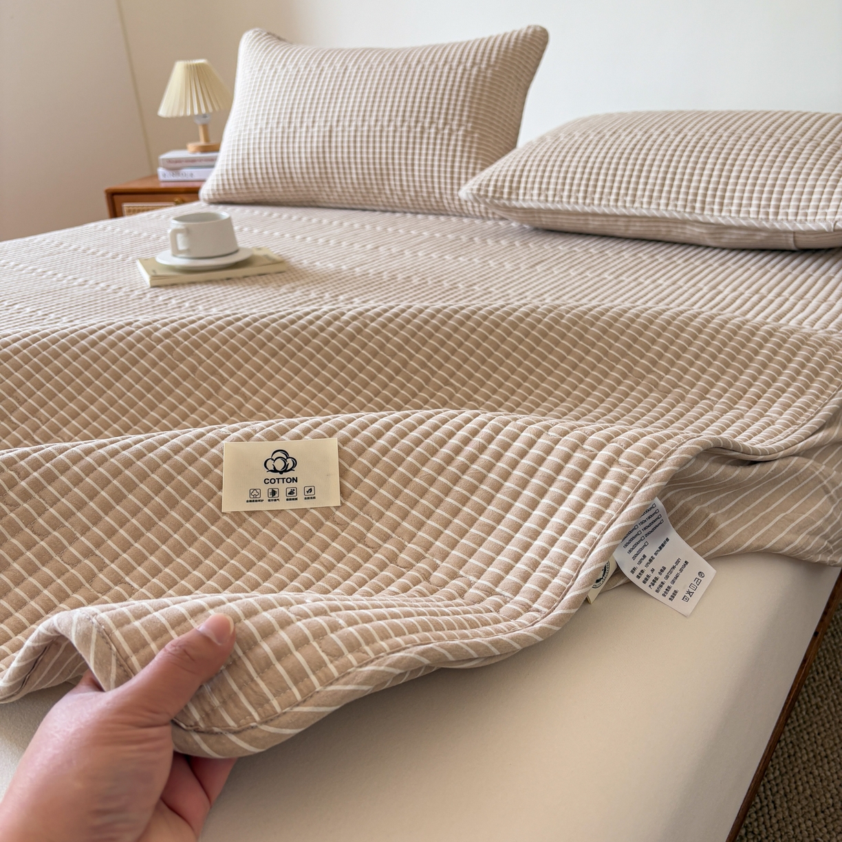 居眠 2026新款全棉色织水洗棉格子夹棉棉花床笠 夹棉款-米细条