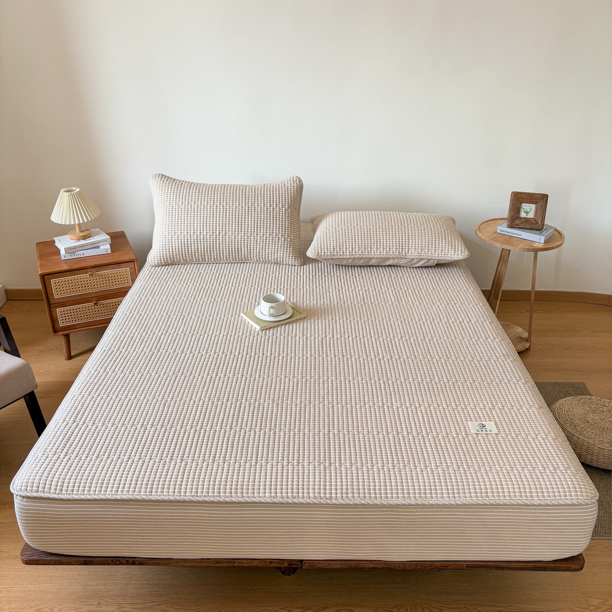 91家纺网 家纺一手货源 找家纺 居眠 2026新款全棉色织水洗棉格子夹棉棉花床笠 夹棉款-米细条