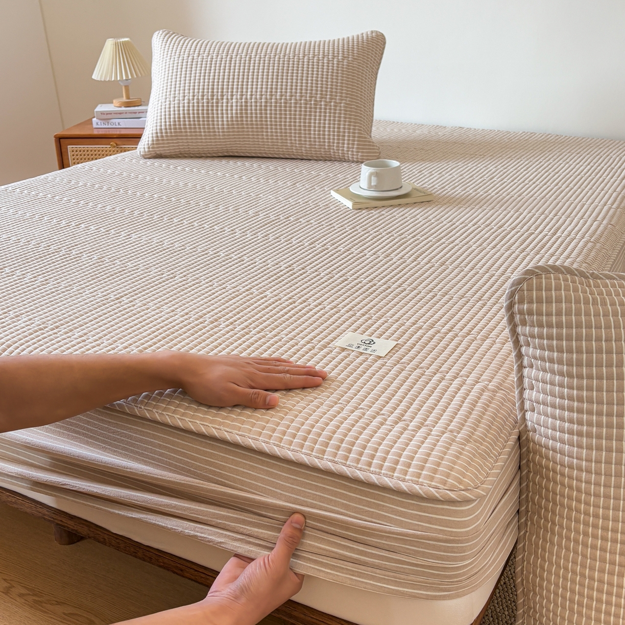 91家纺网 家纺一手货源 找家纺 居眠 2026新款全棉色织水洗棉格子夹棉棉花床笠 夹棉款-米细条