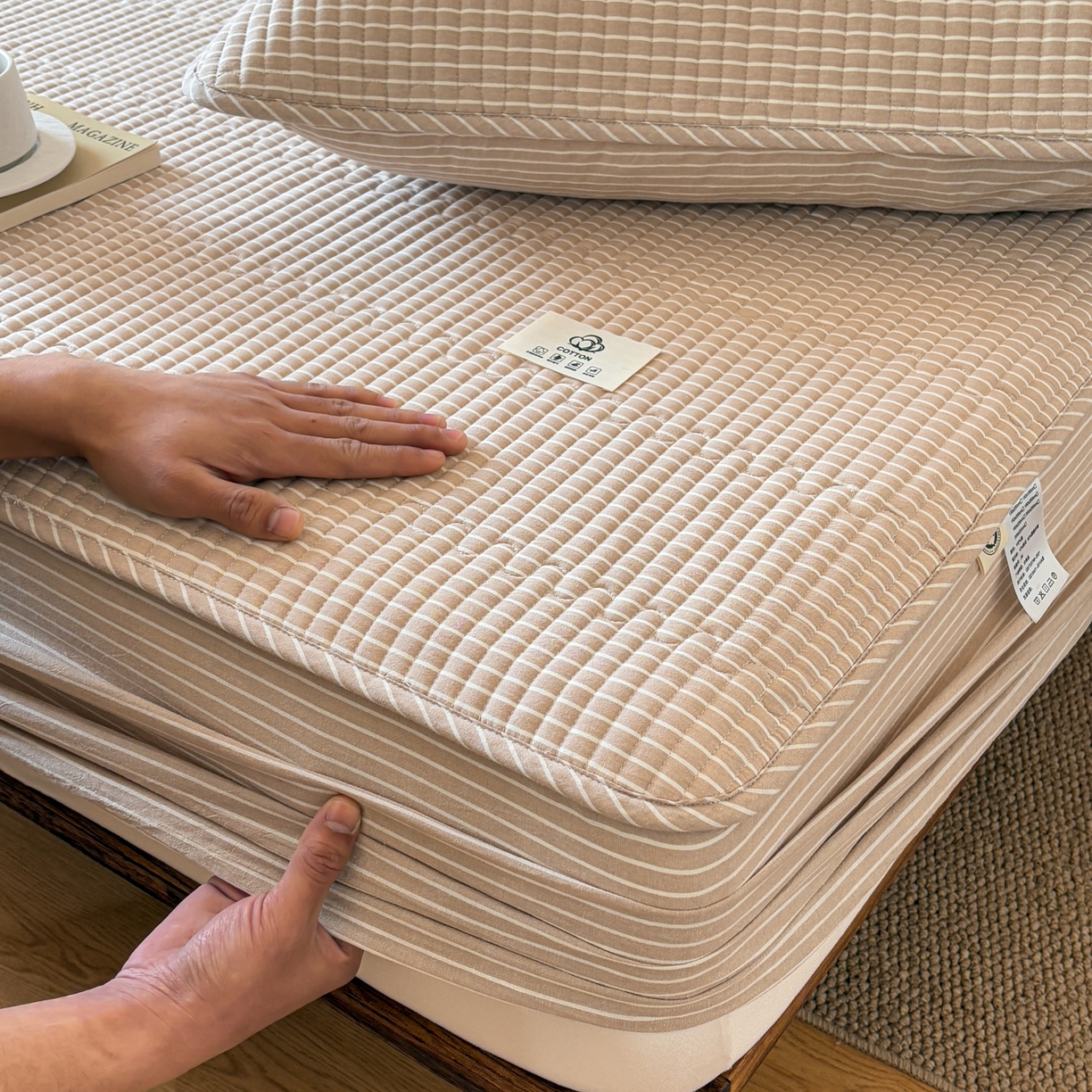 91家纺网 家纺一手货源 找家纺 居眠 2026新款全棉色织水洗棉格子夹棉棉花床笠 夹棉款-米细条