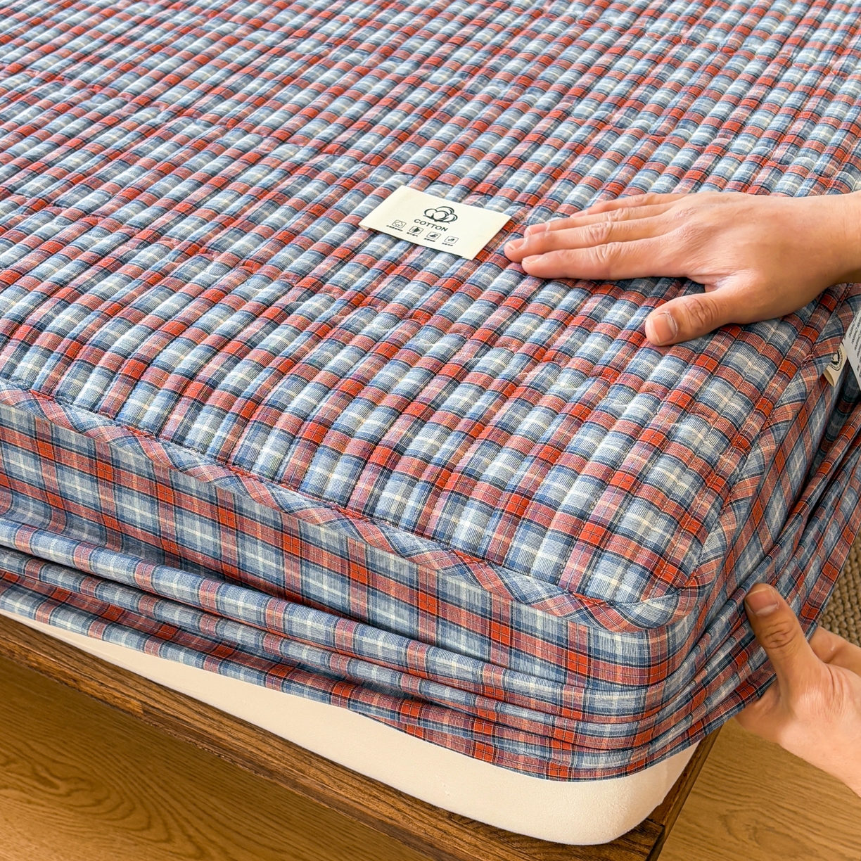 91家纺网 家纺一手货源 找家纺 居眠 2026新款全棉色织水洗棉格子夹棉棉花床笠 夹棉款-瑞土兰