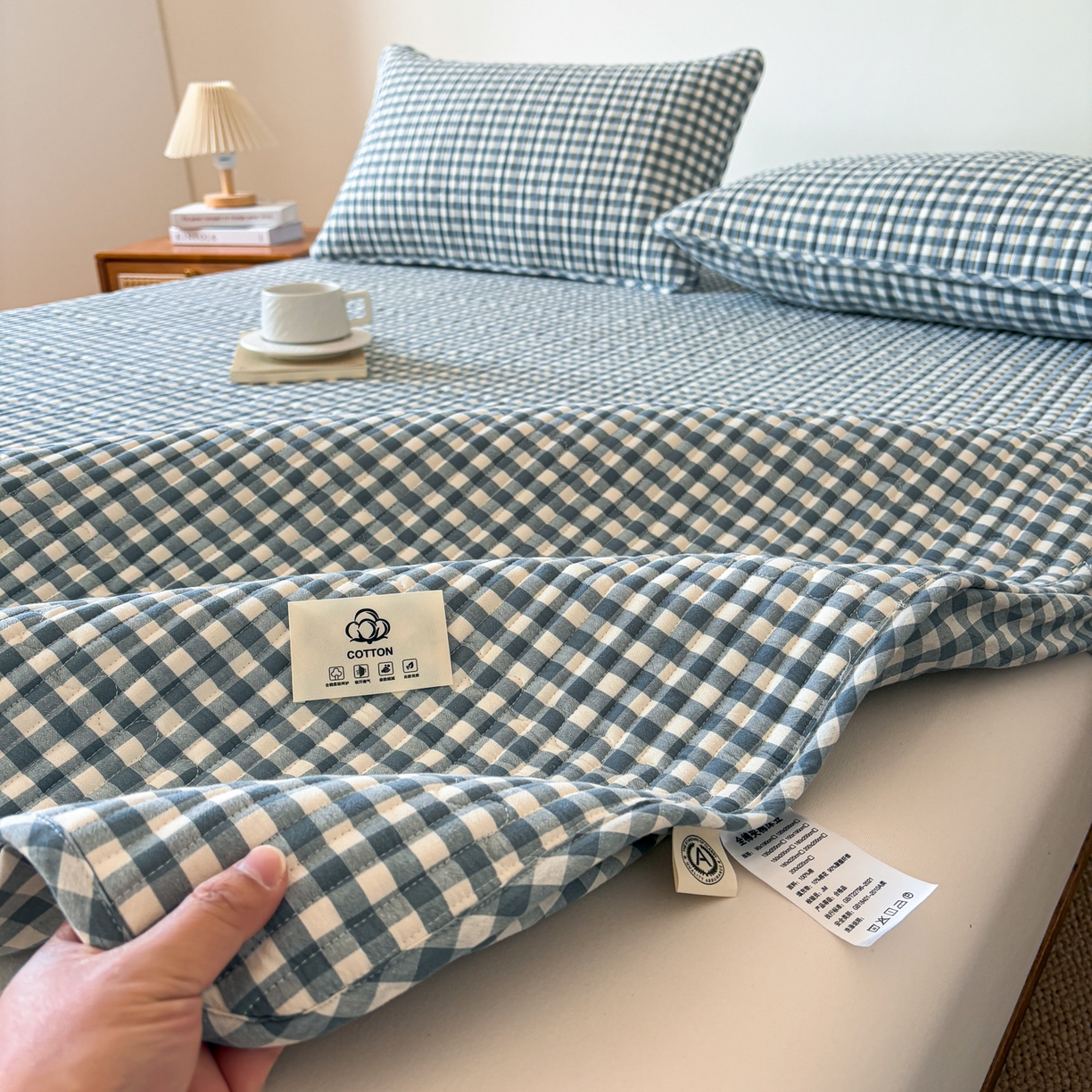 居眠 2026新款全棉色织水洗棉格子夹棉棉花床笠 夹棉款-水兰小格