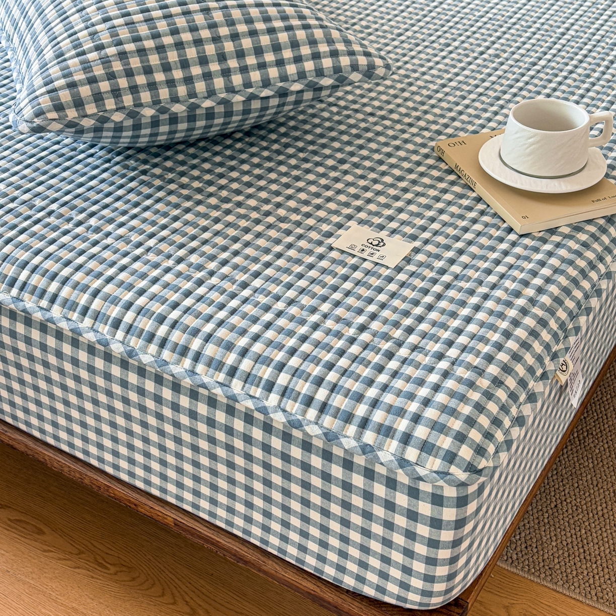 91家纺网 家纺一手货源 找家纺 居眠 2026新款全棉色织水洗棉格子夹棉棉花床笠 夹棉款-水兰小格