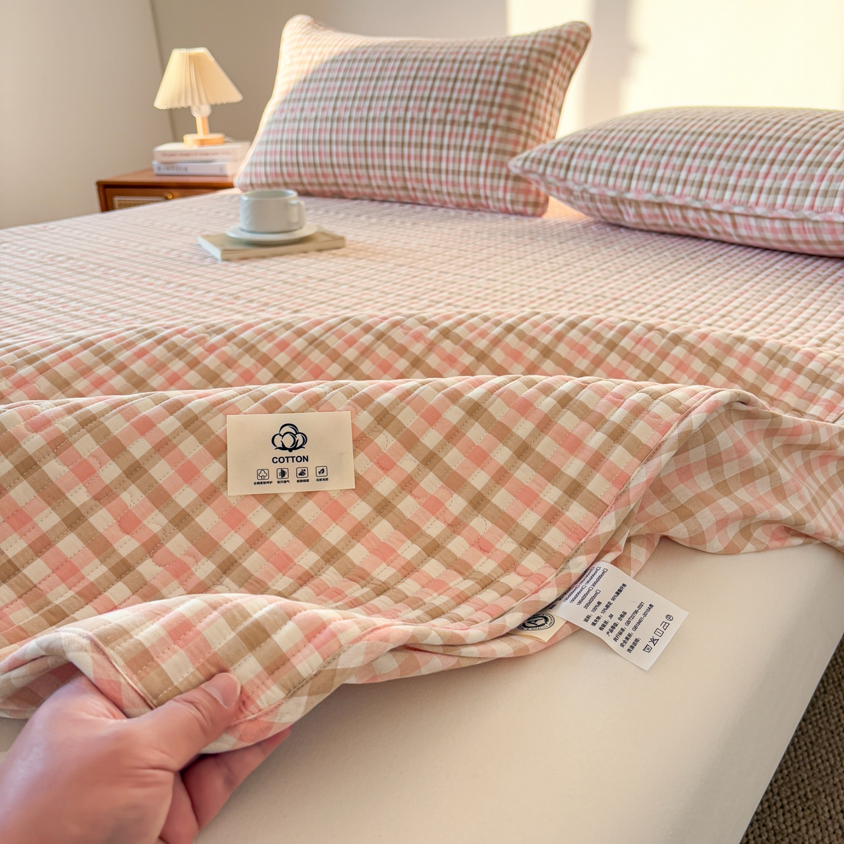 居眠 2026新款全棉色织水洗棉格子夹棉棉花床笠 夹棉款-印月粉