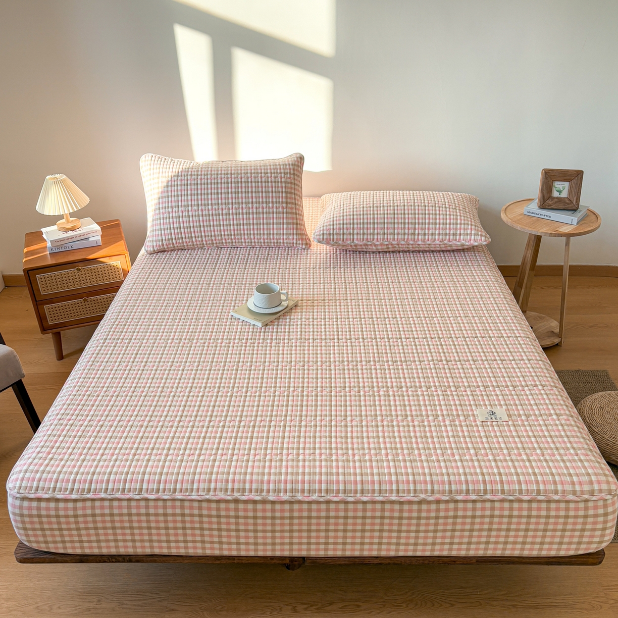 91家纺网 家纺一手货源 找家纺 居眠 2026新款全棉色织水洗棉格子夹棉棉花床笠 夹棉款-印月粉