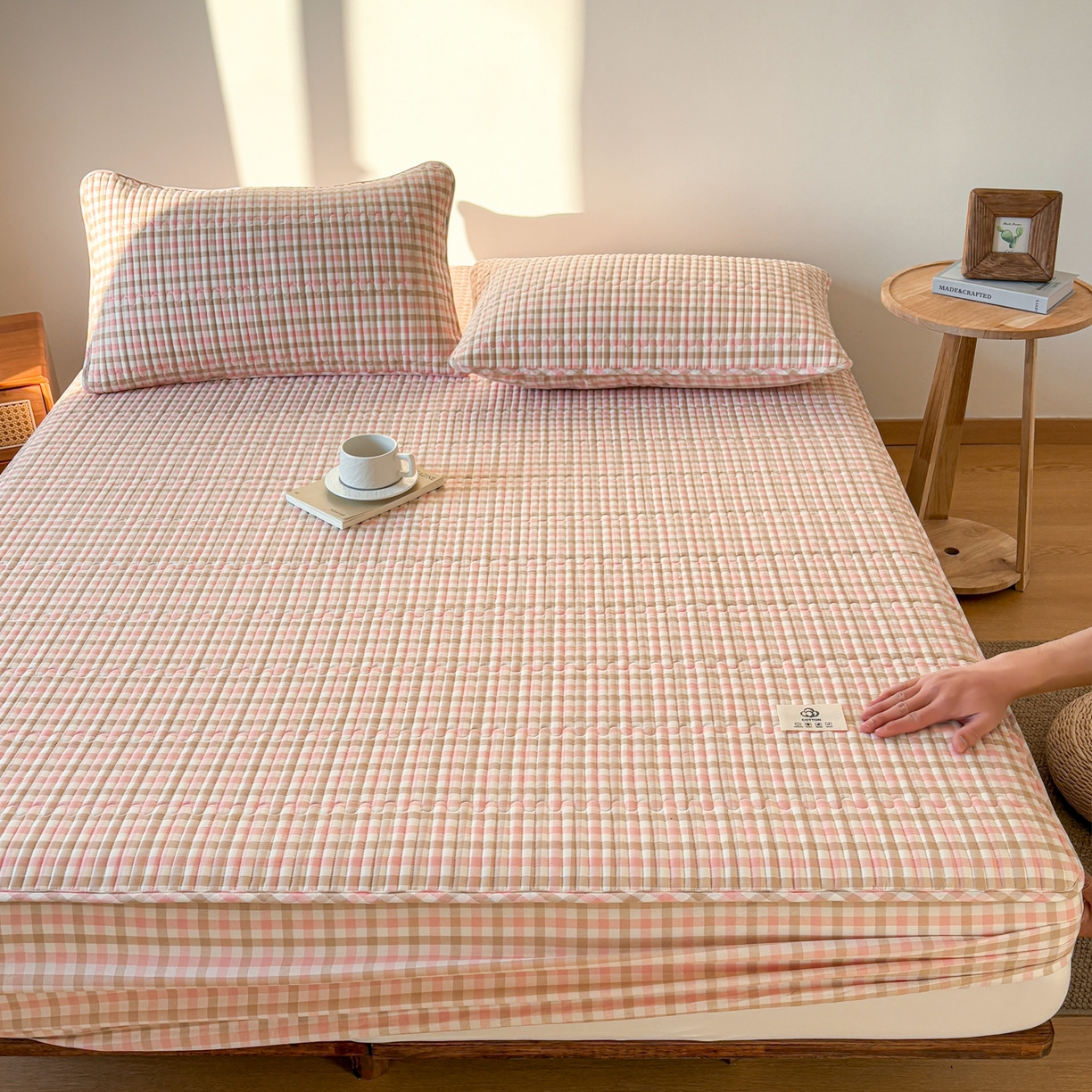 91家纺网 家纺一手货源 找家纺 居眠 2026新款全棉色织水洗棉格子夹棉棉花床笠 夹棉款-印月粉