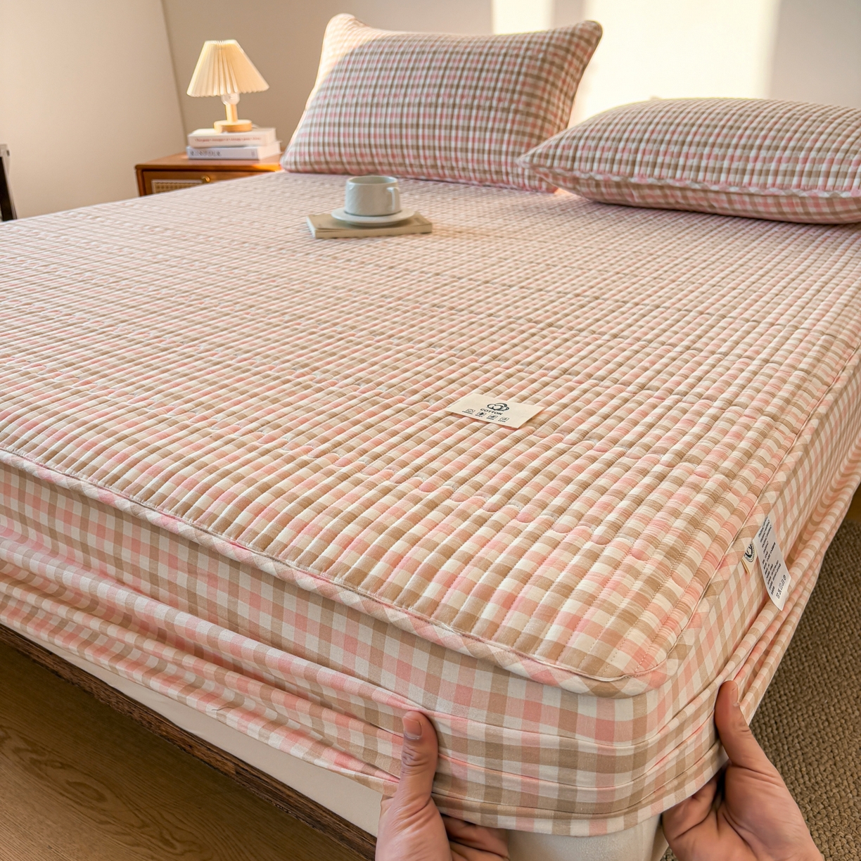 91家纺网 家纺一手货源 找家纺 居眠 2026新款全棉色织水洗棉格子夹棉棉花床笠 夹棉款-印月粉
