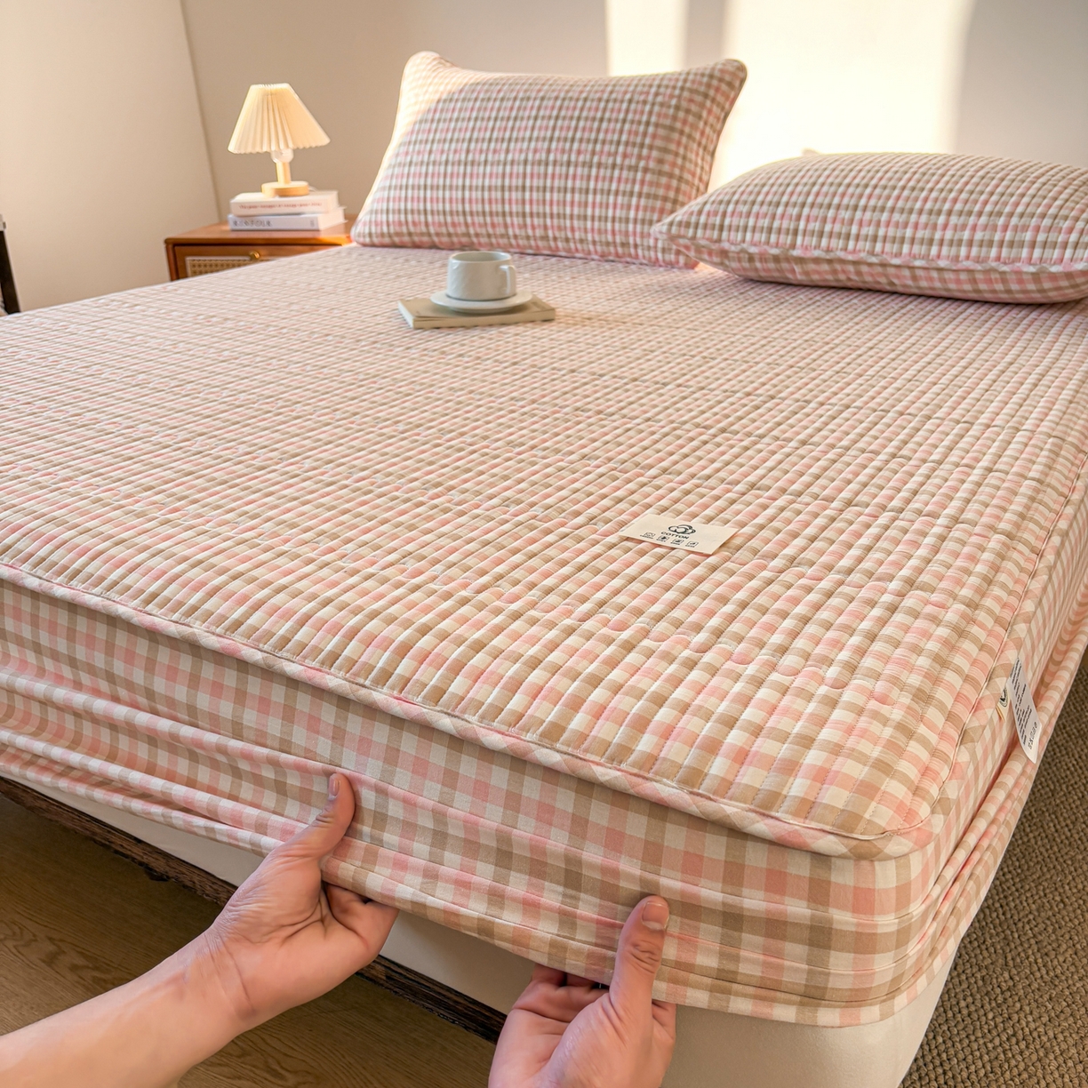 91家纺网 家纺一手货源 找家纺 居眠 2026新款全棉色织水洗棉格子夹棉棉花床笠 夹棉款-印月粉