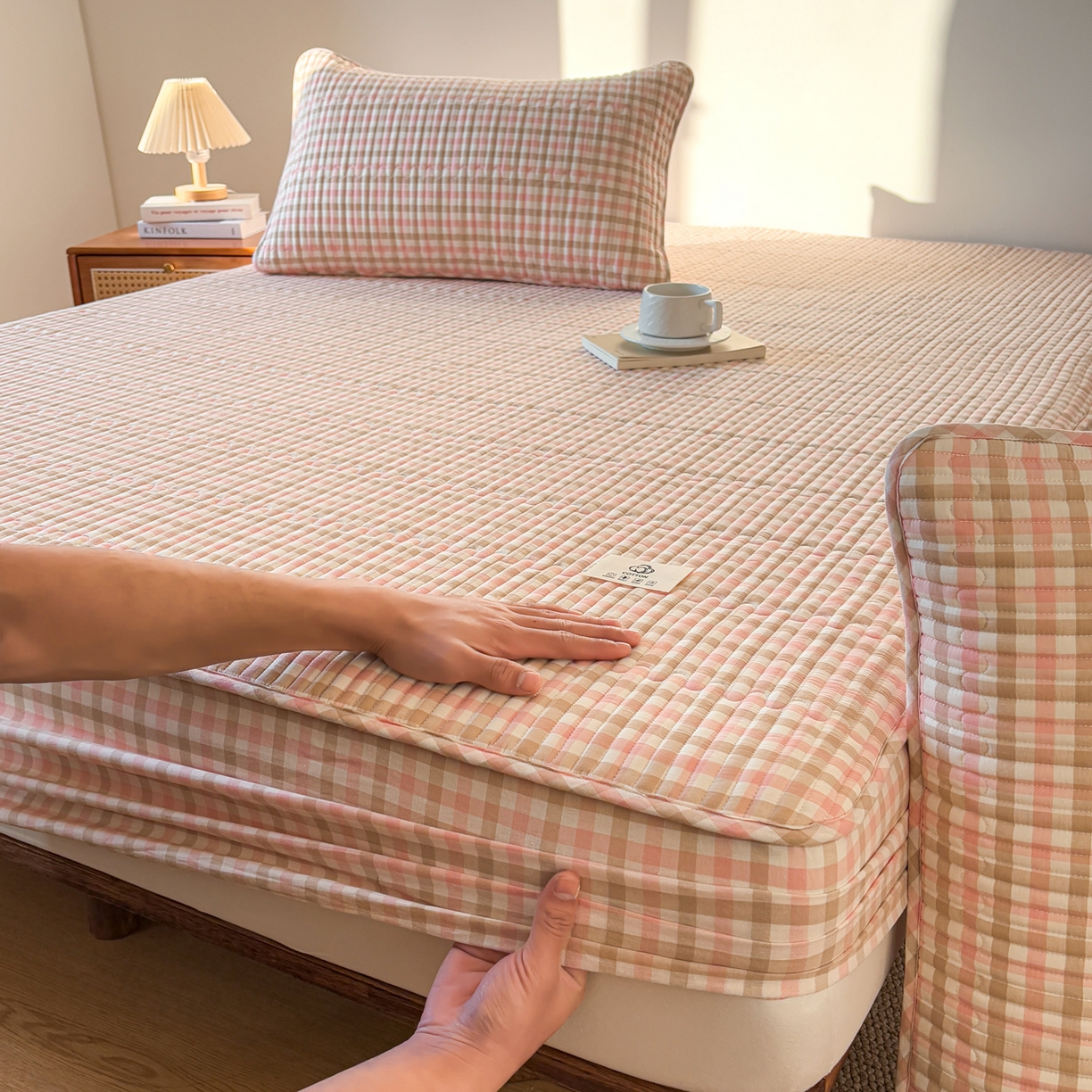 91家纺网 家纺一手货源 找家纺 居眠 2026新款全棉色织水洗棉格子夹棉棉花床笠 夹棉款-印月粉