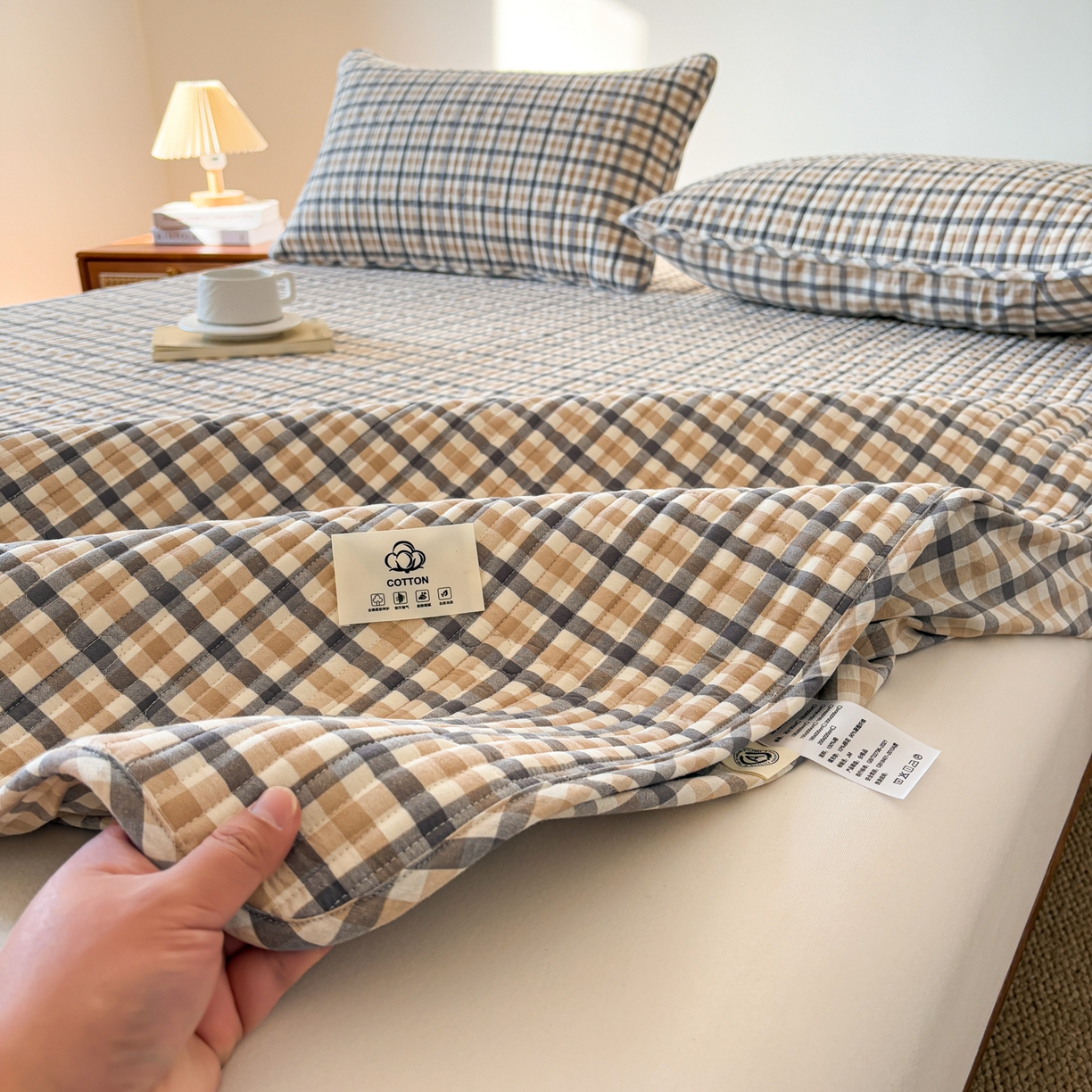 居眠 2026新款全棉色织水洗棉格子夹棉棉花床笠 夹棉款-印月灰