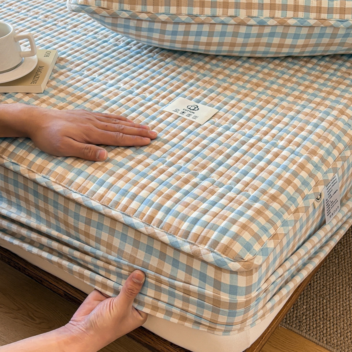 91家纺网 家纺一手货源 找家纺 居眠 2026新款全棉色织水洗棉格子夹棉棉花床笠 夹棉款-印月兰