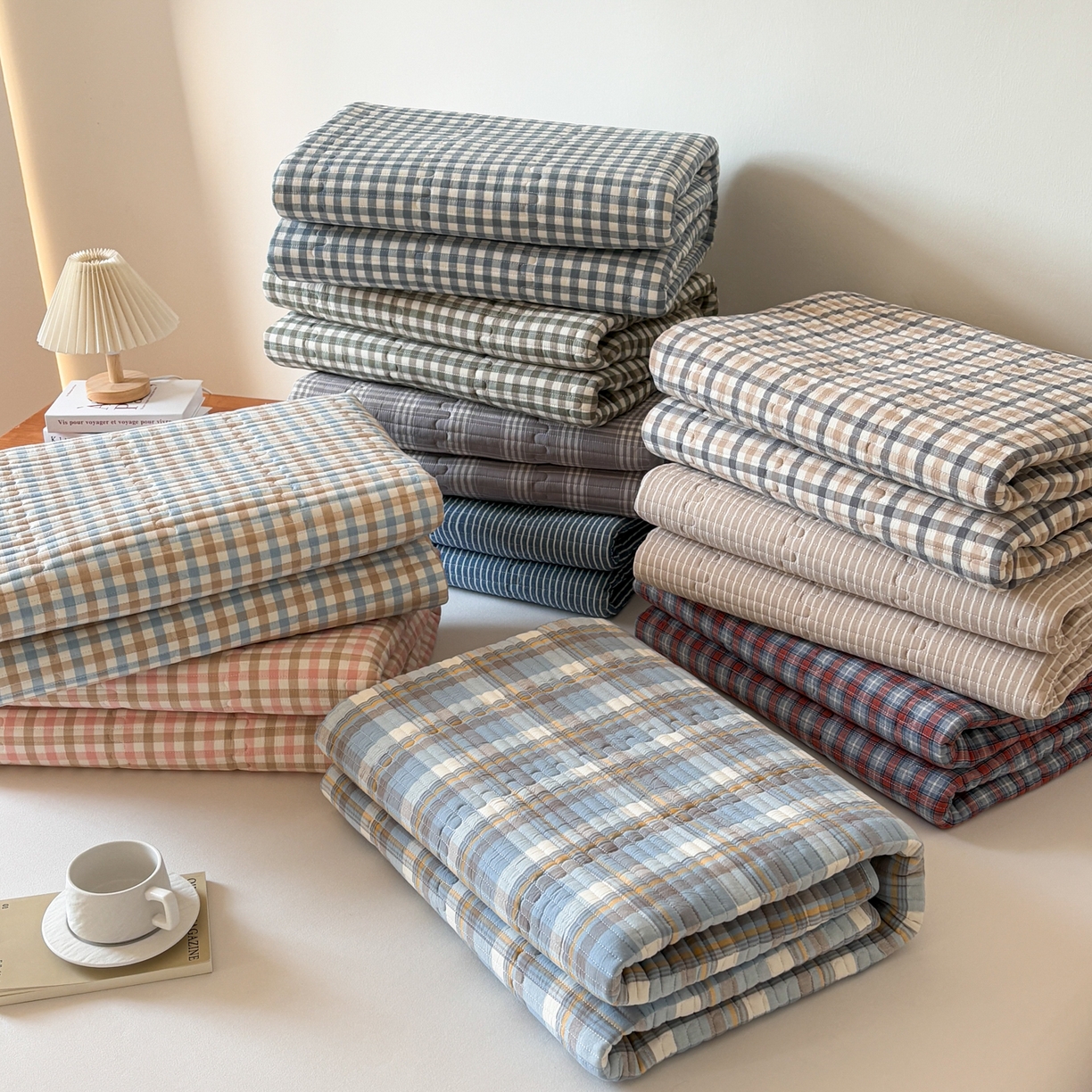 居眠 2026新款全棉色织水洗棉格子夹棉棉花床笠 组合叠拍