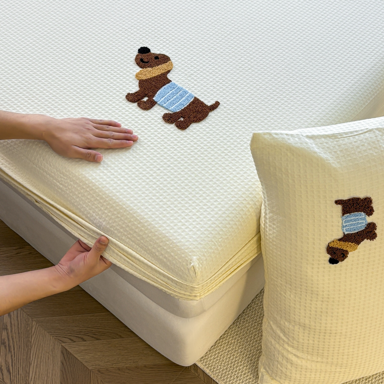 91家纺网 家纺一手货源 找家纺 （总）居眠 2026新款全棉华夫格毛巾绣系列床笠