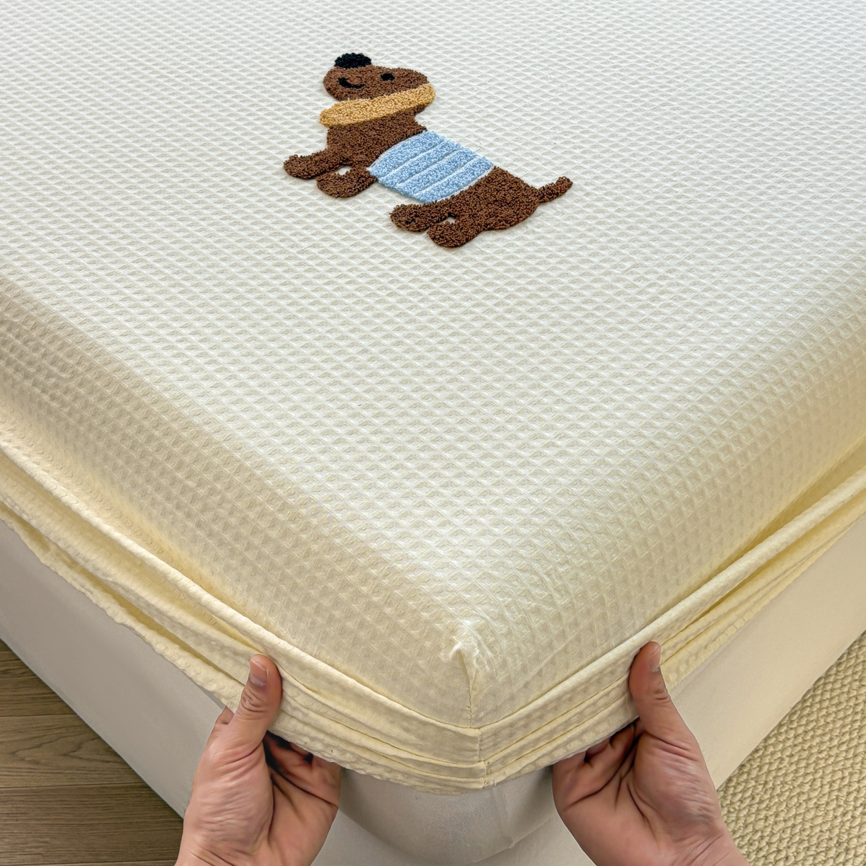 91家纺网 家纺一手货源 找家纺 （总）居眠 2026新款全棉华夫格毛巾绣系列床笠