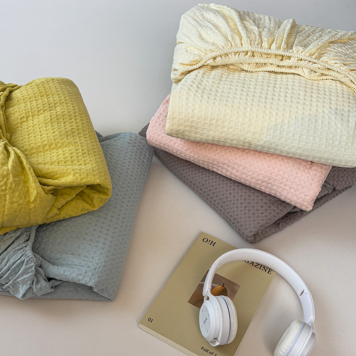 91家纺网 家纺一手货源 找家纺 居眠 2026新款全棉华夫格毛巾绣系列床笠 组合叠拍