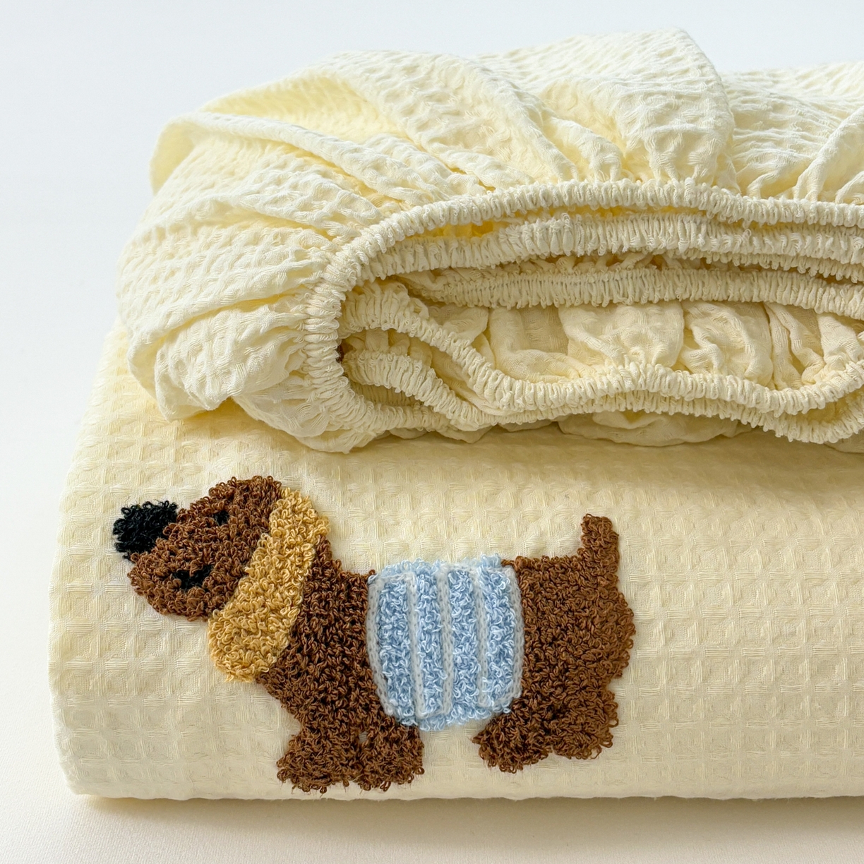 居眠 2026新款全棉华夫格毛巾绣系列床笠 丑萌小狗-白