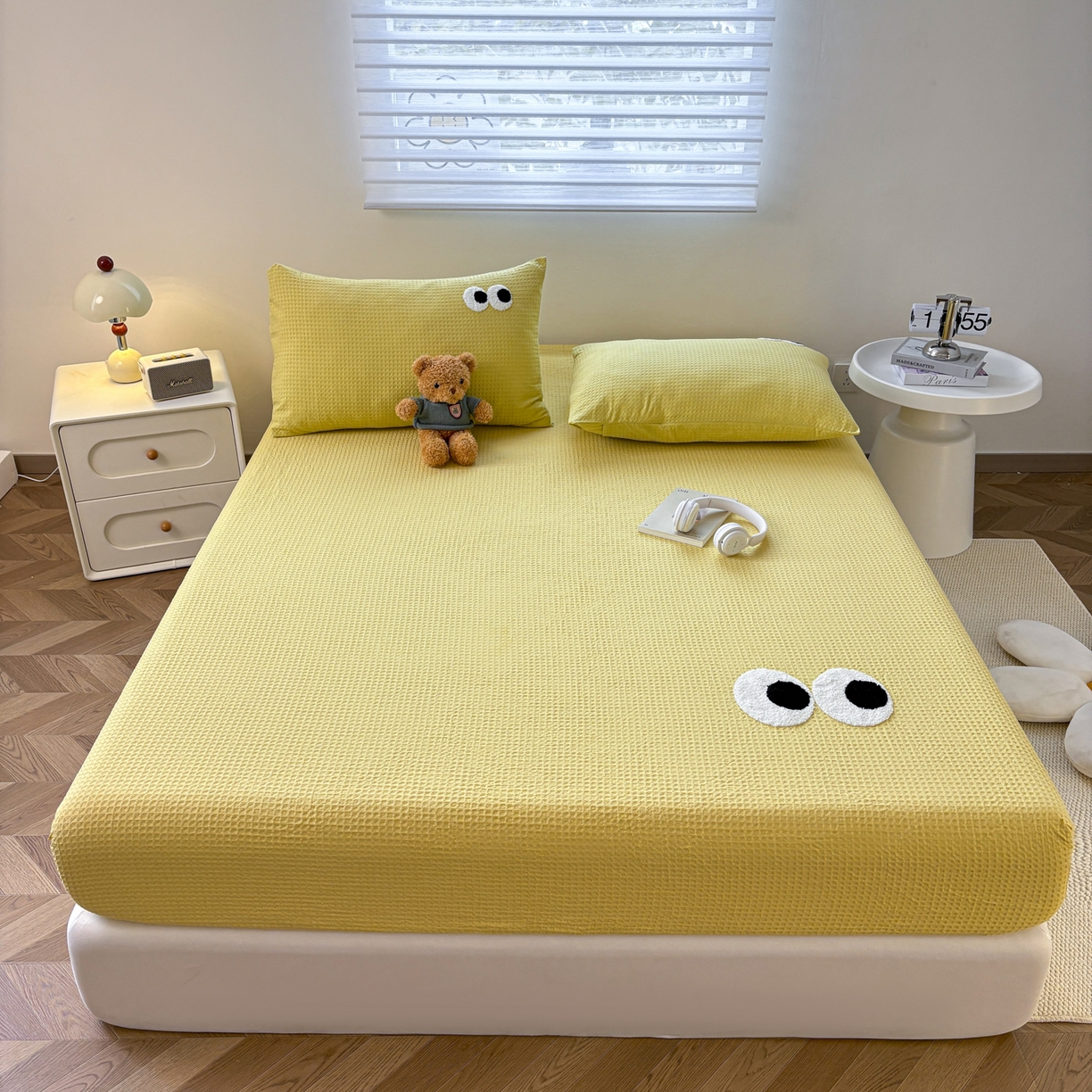 91家纺网 家纺一手货源 找家纺 居眠 2026新款全棉华夫格毛巾绣系列床笠 呆呆大眼-黄