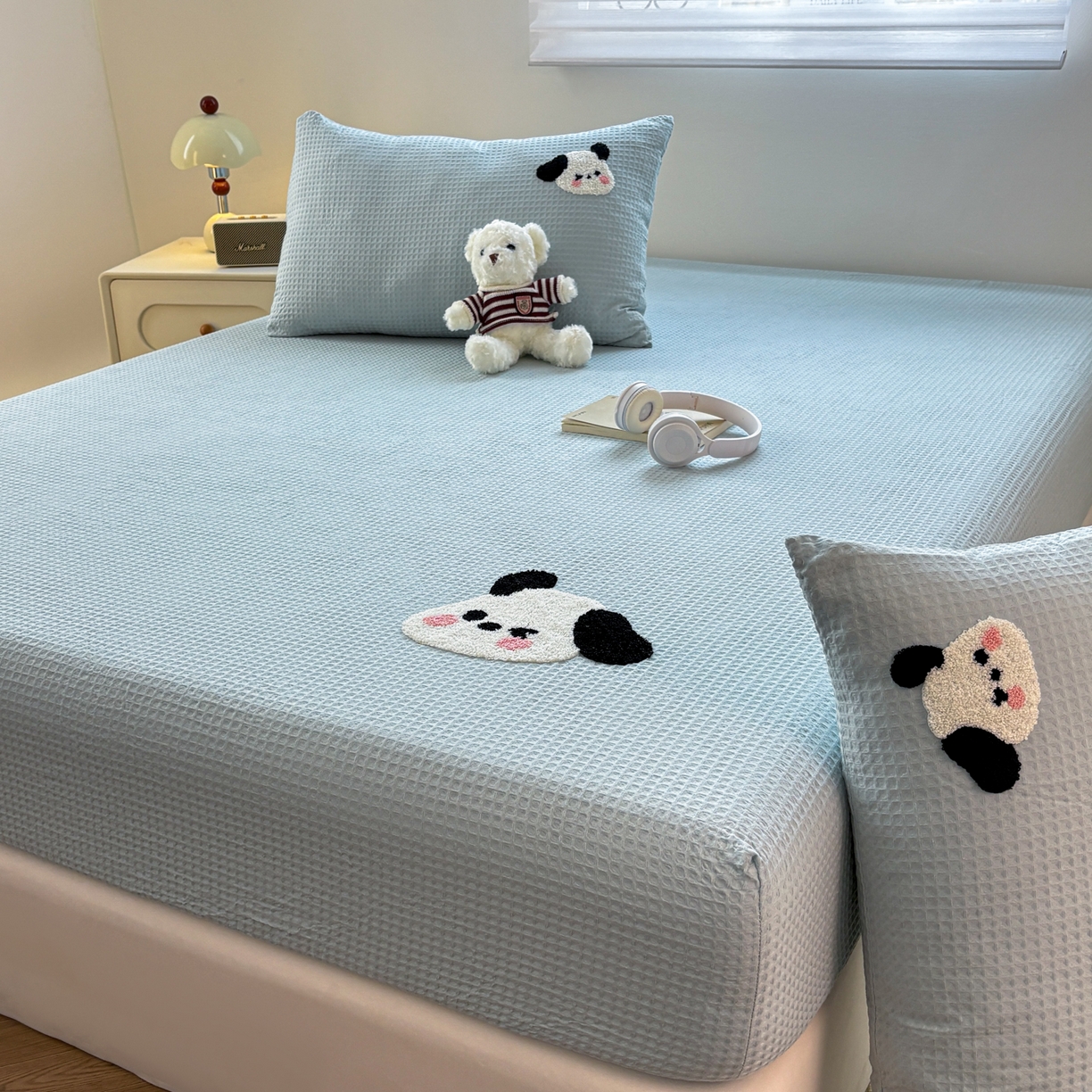 91家纺网 家纺一手货源 找家纺 居眠 2026新款全棉华夫格毛巾绣系列床笠 欢乐狗-蓝