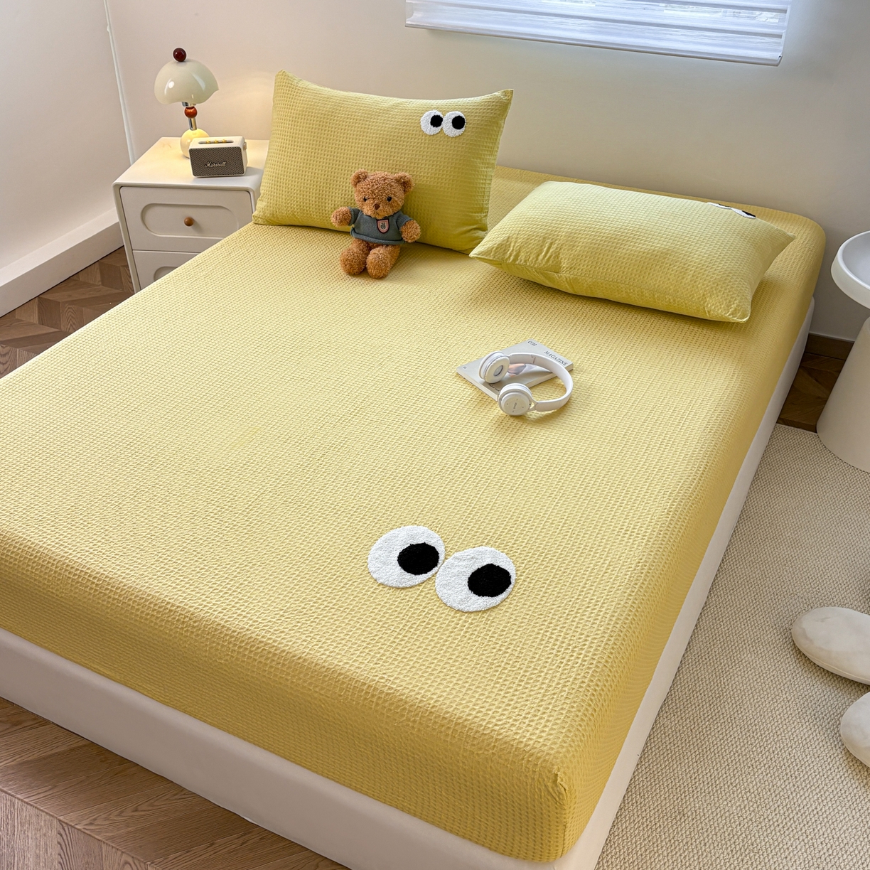 91家纺网 家纺一手货源 找家纺 居眠 2026新款全棉华夫格毛巾绣系列床笠 呆呆大眼-黄