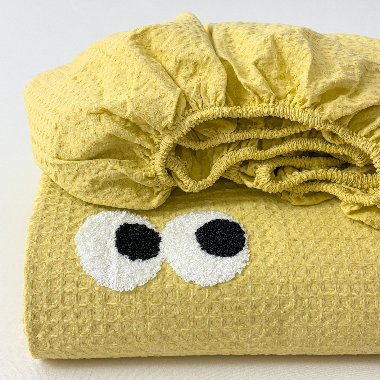 居眠 2026新款全棉华夫格毛巾绣系列床笠 呆呆大眼-黄