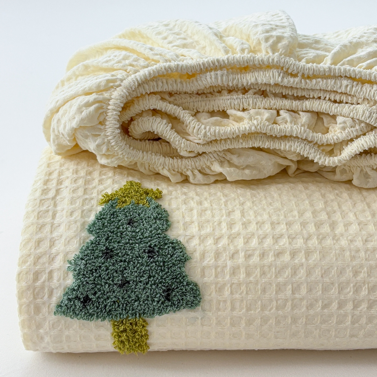 居眠 2026新款全棉华夫格毛巾绣系列床笠 幸运树-白