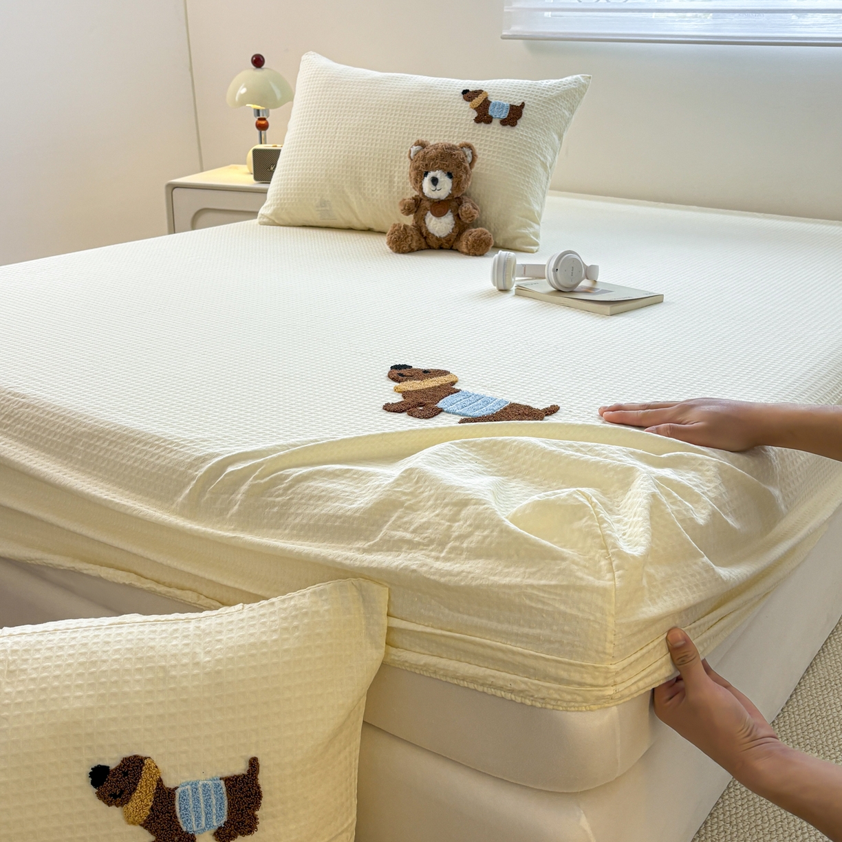 91家纺网 家纺一手货源 找家纺 （总）居眠 2026新款全棉华夫格毛巾绣系列床笠