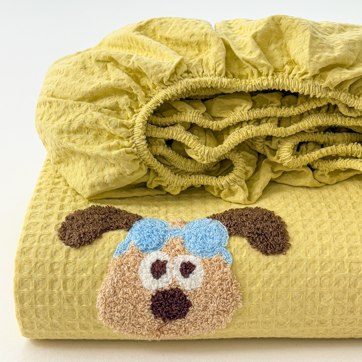 居眠 2026新款全棉华夫格毛巾绣系列床笠 泡芙小狗-黄