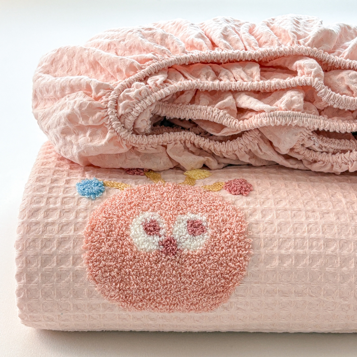 居眠 2026新款全棉华夫格毛巾绣系列床笠 萌宠-粉