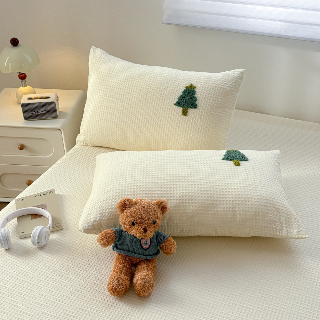 91家纺网 家纺一手货源 找家纺 居眠 2026新款全棉华夫格毛巾绣系列枕套 幸运树-白