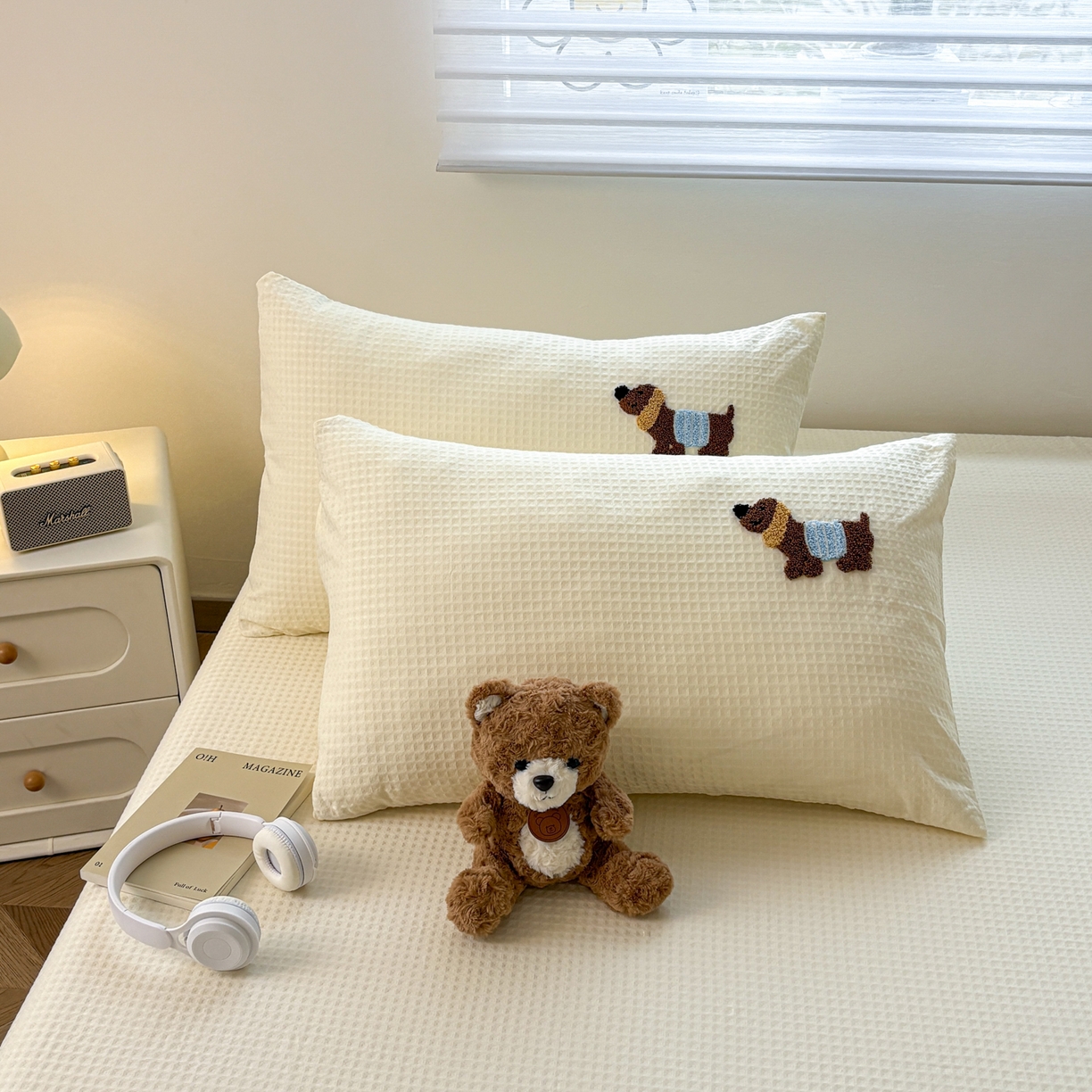 居眠 2026新款全棉华夫格毛巾绣系列枕套 丑萌小狗-白