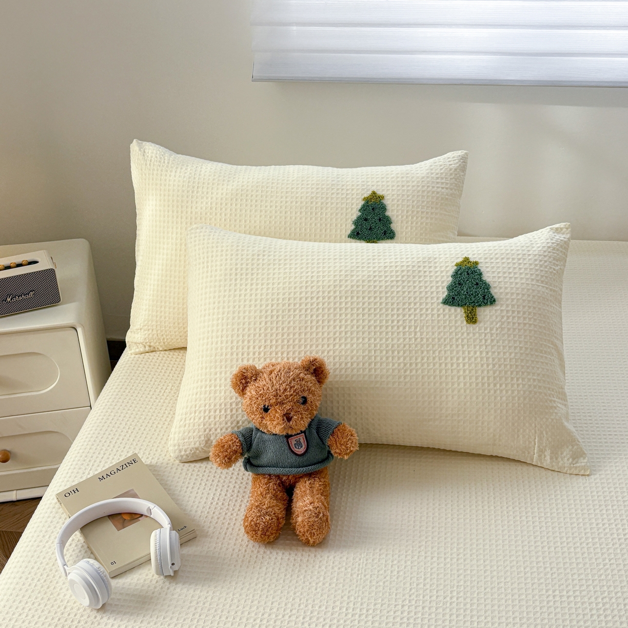 居眠 2026新款全棉华夫格毛巾绣系列枕套 幸运树-白