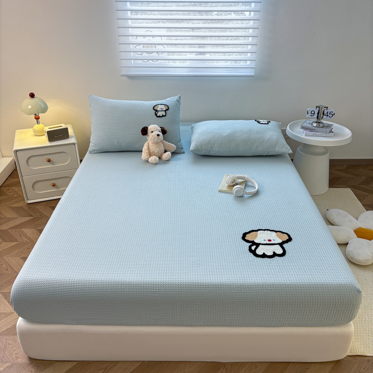 91家纺网 家纺一手货源 找家纺 居眠 2026新款全棉华夫格毛巾绣系列枕套 毛绒小狗-蓝