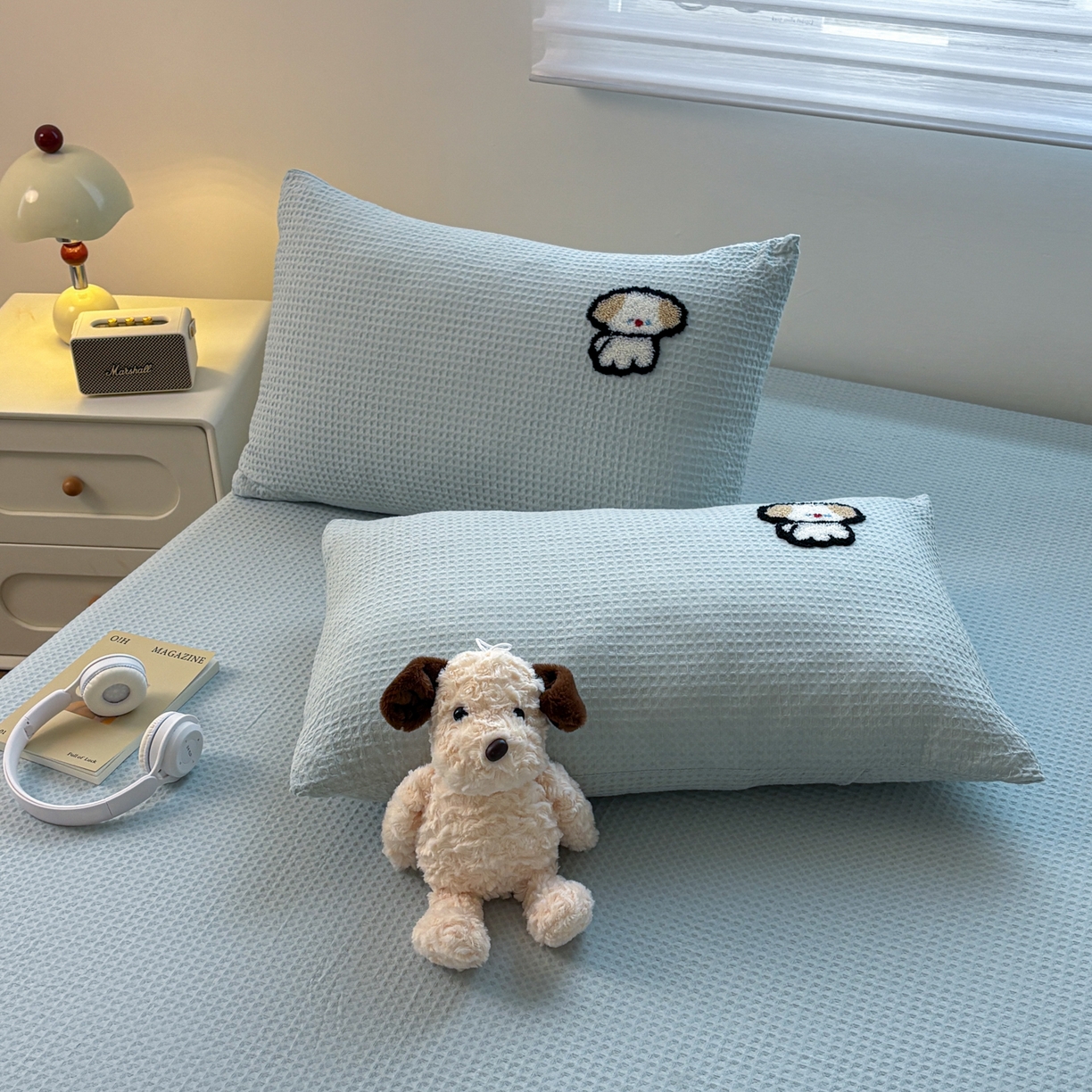 91家纺网 家纺一手货源 找家纺 居眠 2026新款全棉华夫格毛巾绣系列枕套 毛绒小狗-蓝