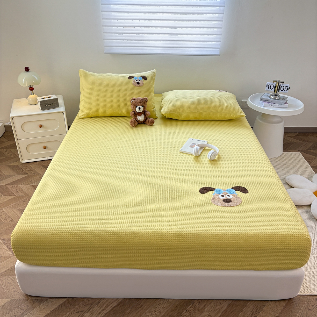 91家纺网 家纺一手货源 找家纺 居眠 2026新款全棉华夫格毛巾绣系列枕套 泡芙小狗-黄