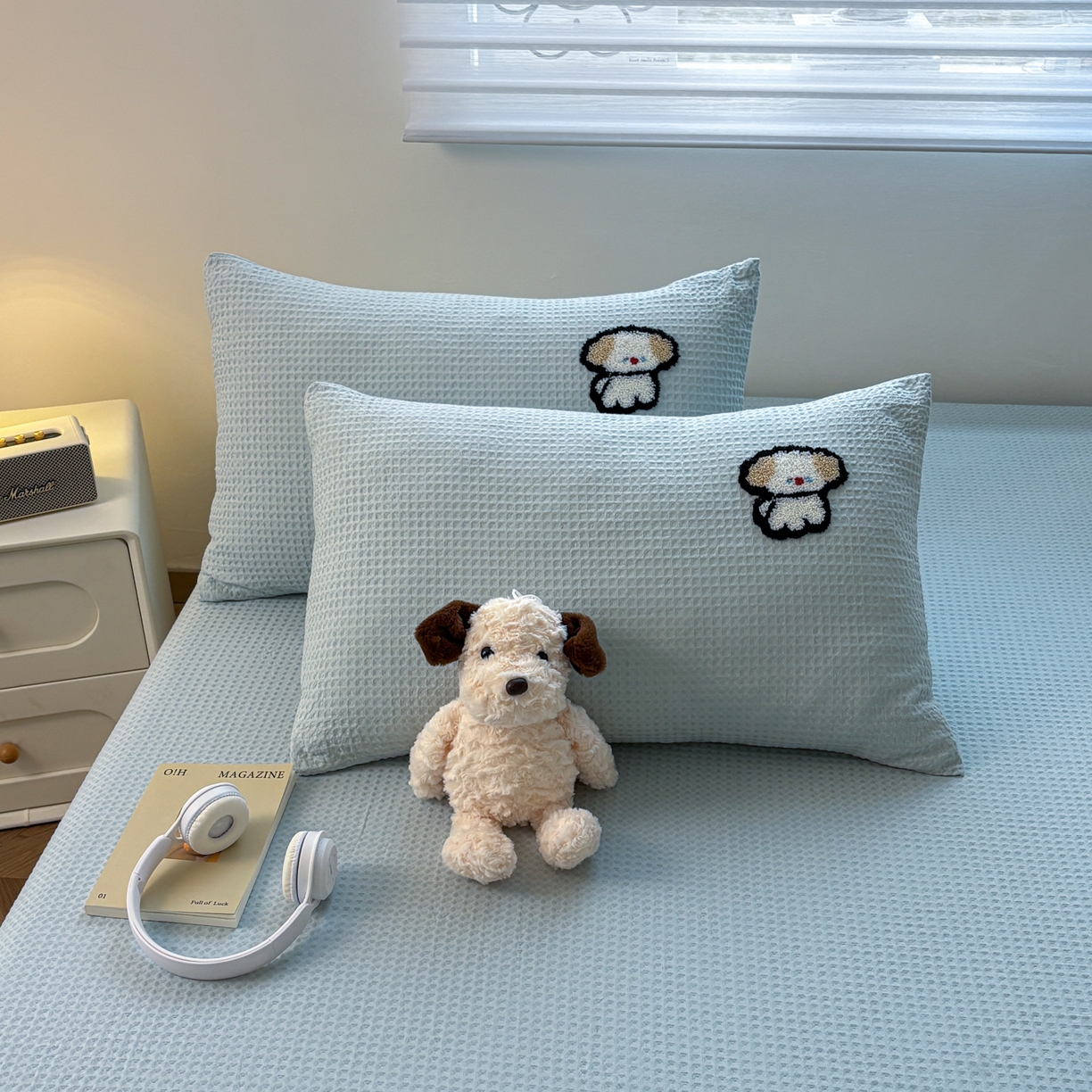 居眠 2026新款全棉华夫格毛巾绣系列枕套 毛绒小狗-蓝