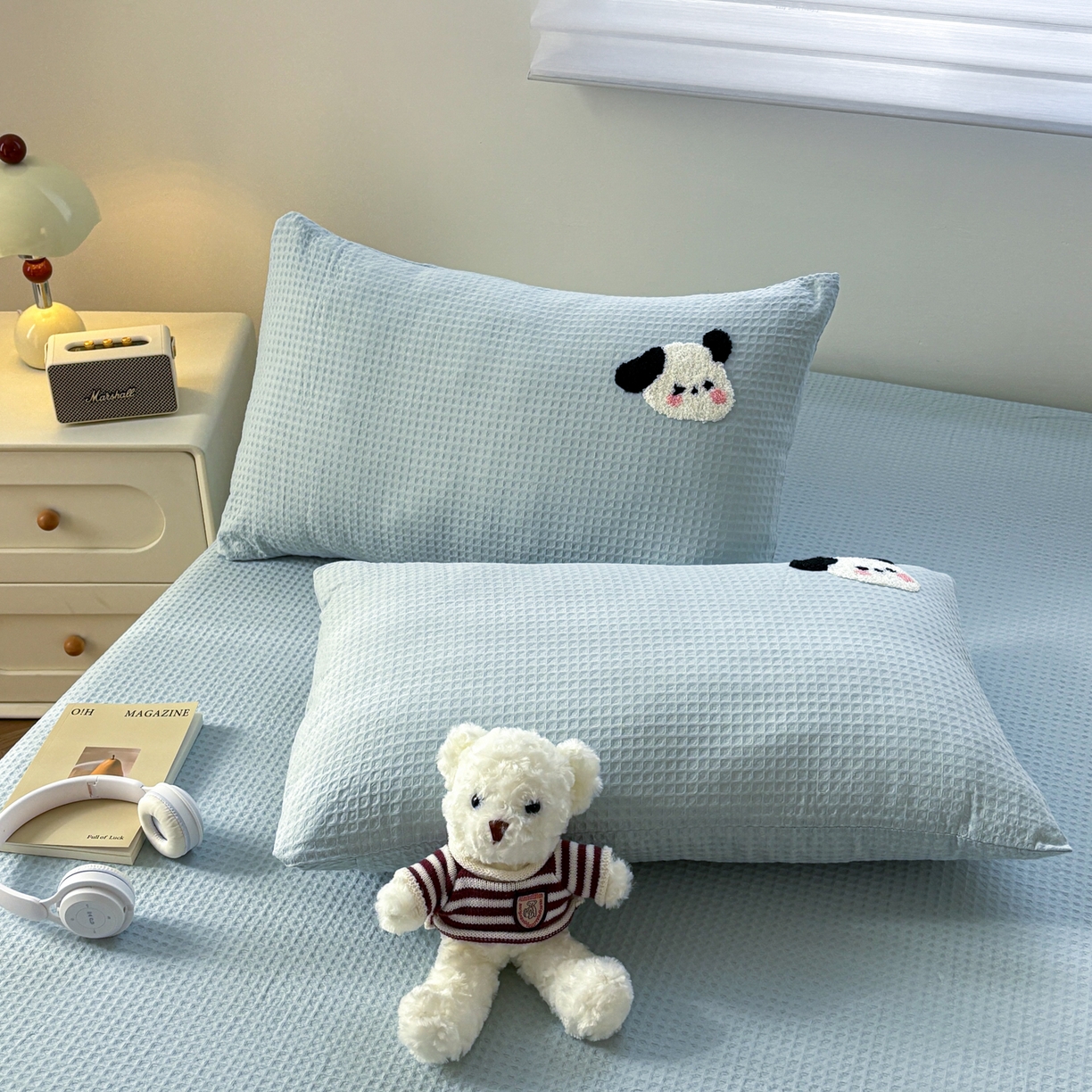 91家纺网 家纺一手货源 找家纺 居眠 2026新款全棉华夫格毛巾绣系列枕套 欢乐狗-蓝