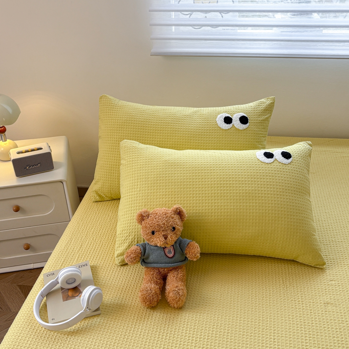 居眠 2026新款全棉华夫格毛巾绣系列枕套 呆呆大眼-黄