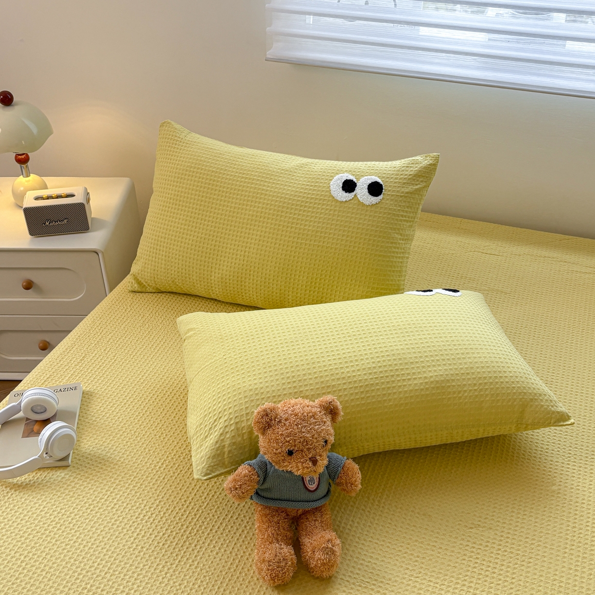 91家纺网 家纺一手货源 找家纺 居眠 2026新款全棉华夫格毛巾绣系列枕套 呆呆大眼-黄