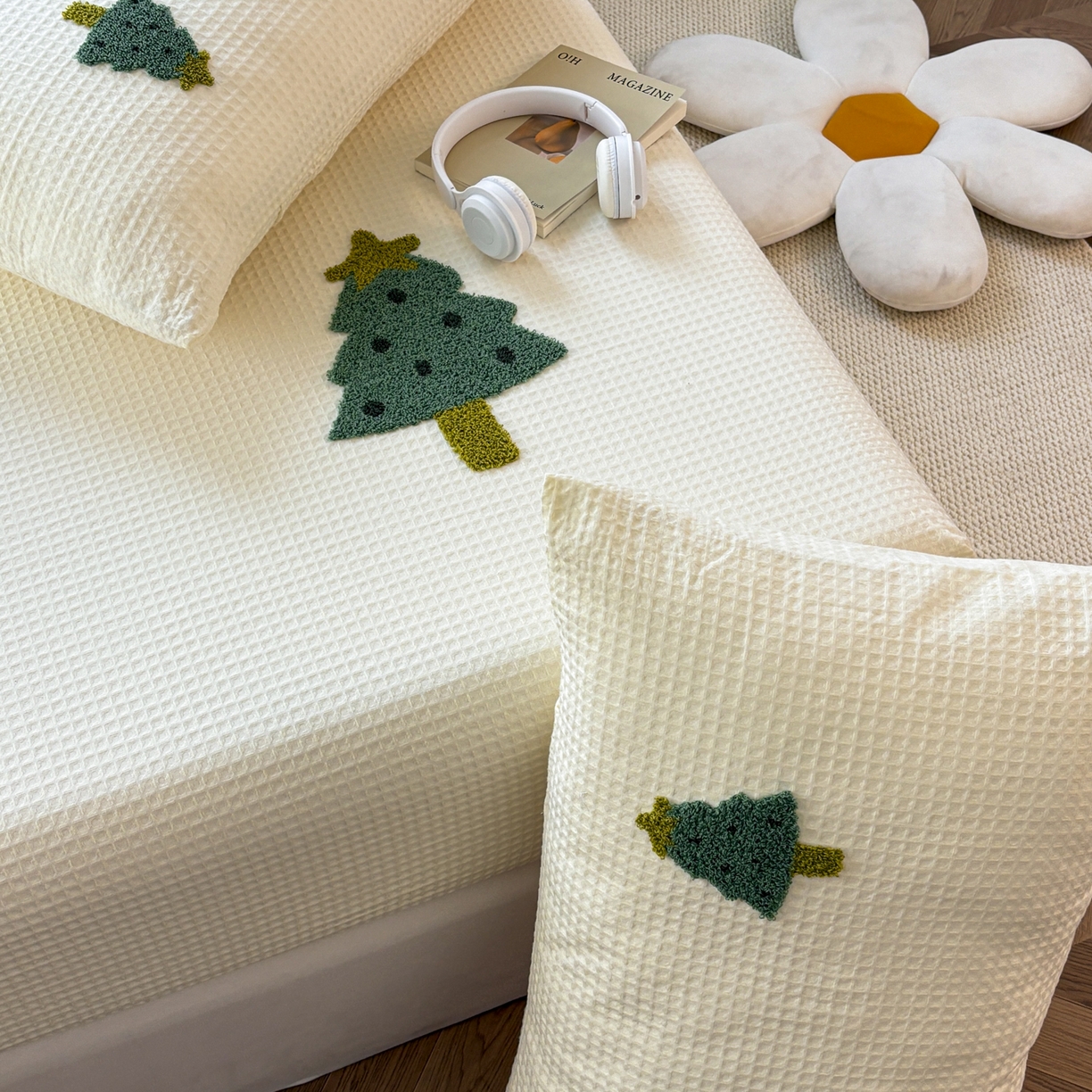 91家纺网 家纺一手货源 找家纺 居眠 2026新款全棉华夫格毛巾绣系列枕套 幸运树-白