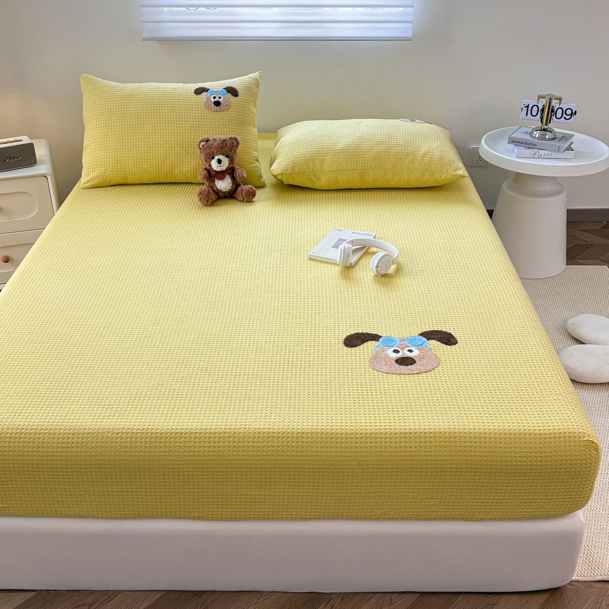 91家纺网 家纺一手货源 找家纺 居眠 2026新款全棉华夫格毛巾绣系列枕套 泡芙小狗-黄