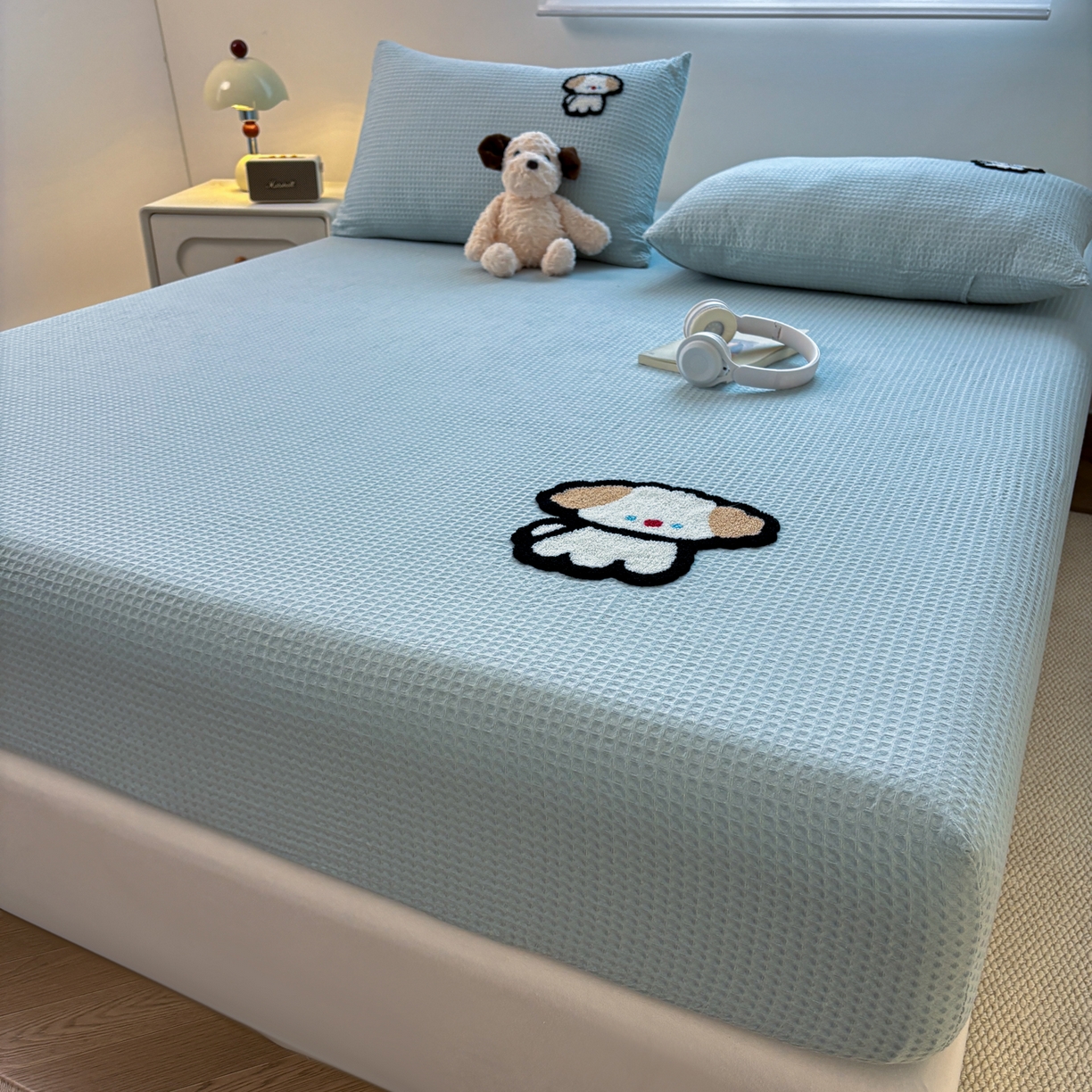 91家纺网 家纺一手货源 找家纺 居眠 2026新款全棉华夫格毛巾绣系列枕套 毛绒小狗-蓝